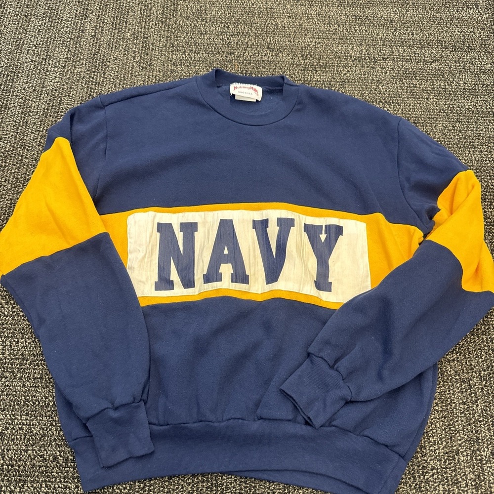 VTG Navy Naval Color Block Pullover‎ Crewneck Sweatshirt Size L Nutmeg Mills